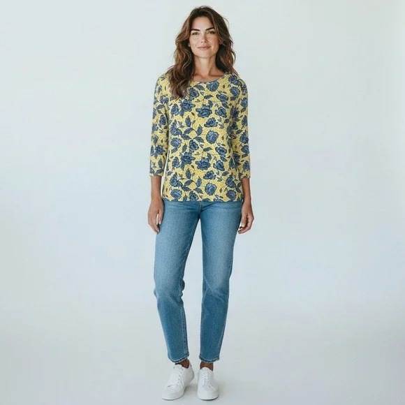 Talbots Petites Women's SP Yellow Blue Floral Top Preppy Classic - Picture 4 of 7